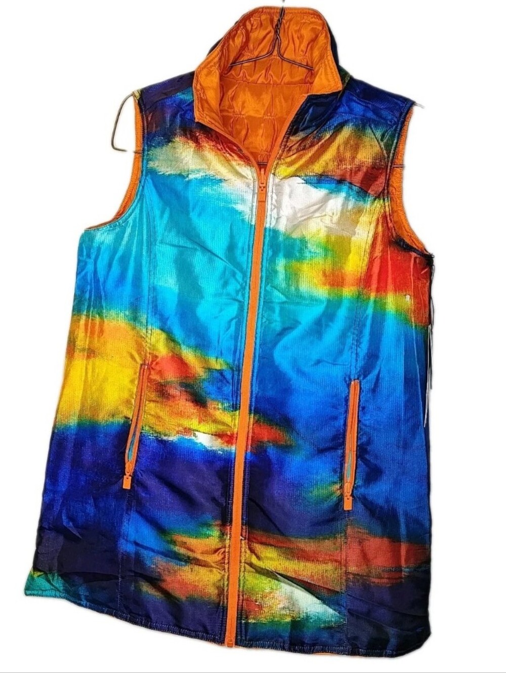 UBU Laurie Devault Reversible Puffer Vest Jacket Tunic Satin Watercolor Med Nwt
